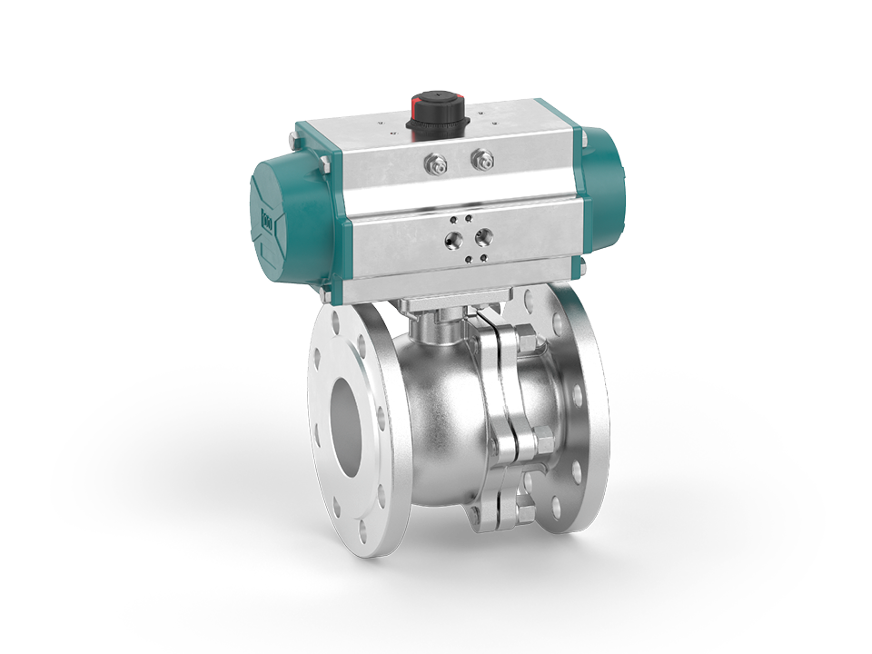 Pneumatically operated stainless steel ball valve with flange connection and position indicator – ideal for the chemical, pharmaceutical, and food industries.