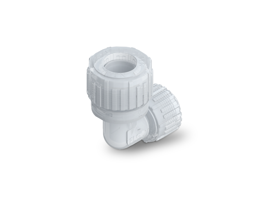 Angle reduction made of PFA with Nexus Connect and Space Saver for compact, tight pipe connections in sensitive applications.