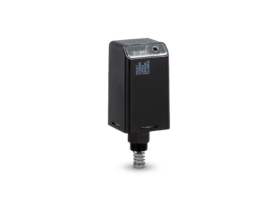 Schlanker Stellungsrückmelder mit LED-Statusanzeigen und Betätigungsstange für präzise Ventilüberwachung in industriellen Automatisierungsprozessen.