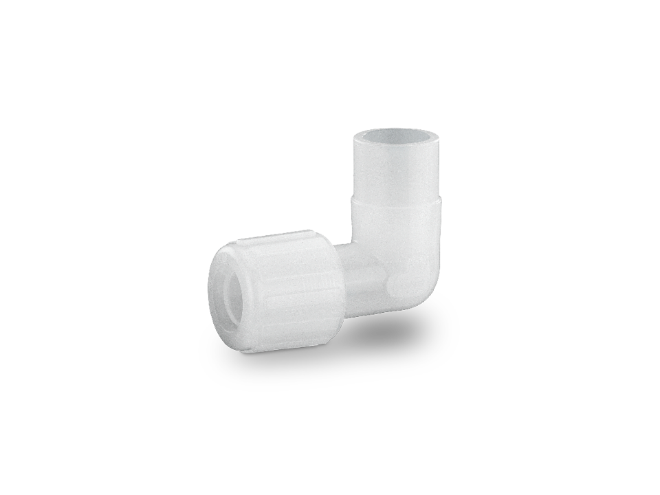 Angle fitting made of white plastic with union nut and smooth pipe connection for 90-degree connections in industrial applications.,Angle fitting made of white plastic with union nut and smooth pipe connection for 90-degree connections in industrial appli