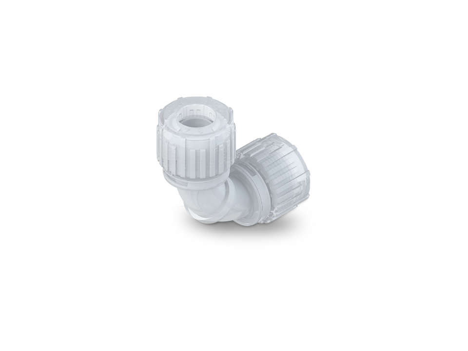 Kompaktes SpaceSaver Fitting aus PFA mit 90°-Winkel und Nexus Connect Anschluss für platzsparende, hochreine Rohrverbindungen.