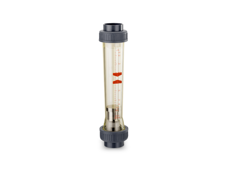 Flow meter with transparent housing, red scale and metal float for precise measurement of liquid flows in industrial applications.