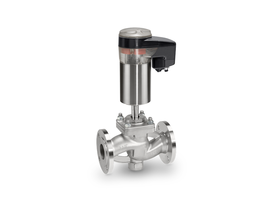 Automated stainless steel seat valve with flange connections and electric actuator for precise flow control in industrial plants.