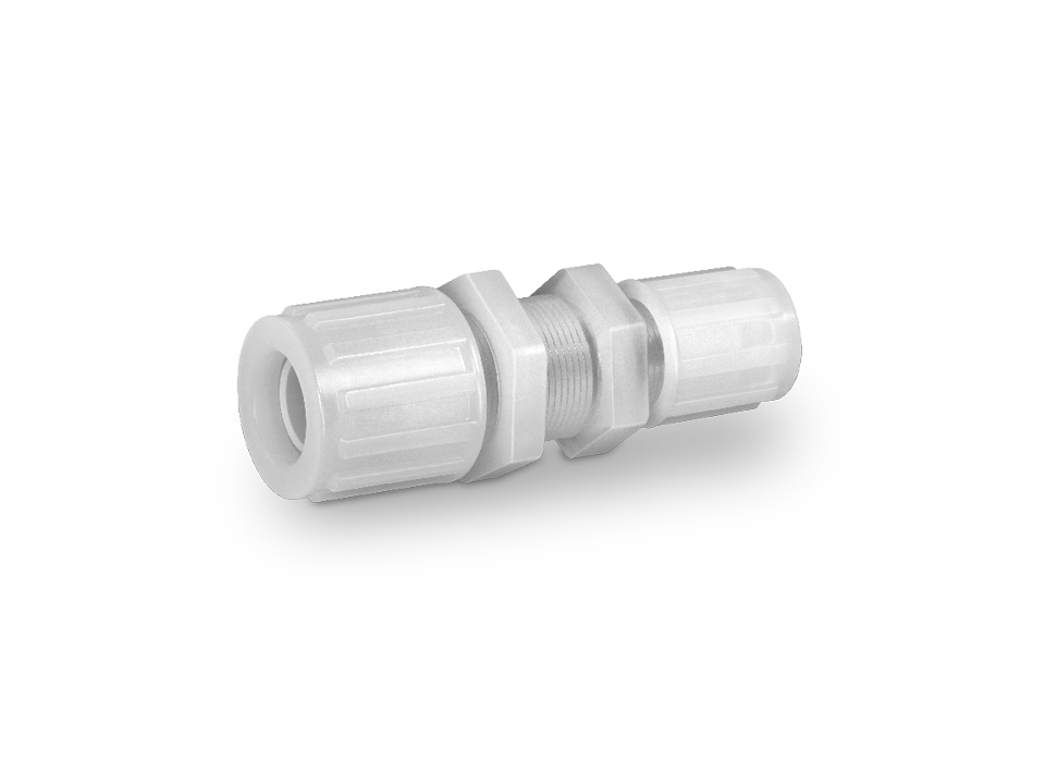 PFA connection fitting with central thread and two clamp screw connections for chemical and cleanroom applications.