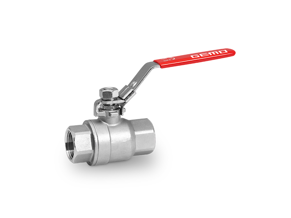 Manual ball valve made of stainless steel with female thread connection and red hand lever – ideal for the chemical, water treatment, and food industries.