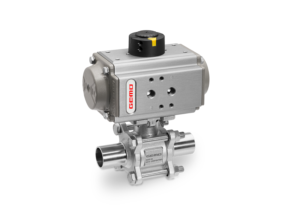 Pneumatically operated stainless steel ball valve with welded ends and position indicator – ideal for the chemical, pharmaceutical, and food industries.
